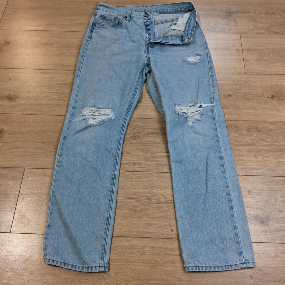 Levis 501 Jeans Womens 29x30 Light Blue Button Fly Straight Denim Distressed